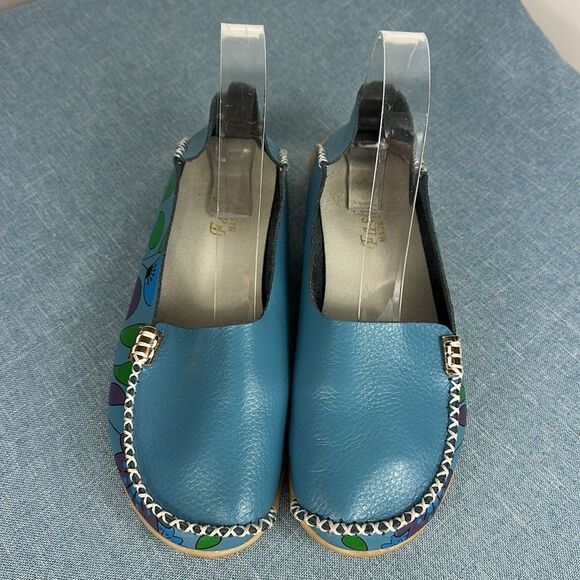 Floral Print Blue Leather Women's Slip On Loafers Size 8 - Picture 3 of 8